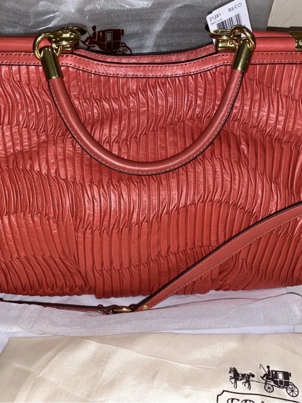 Coach Madison Carrie Gathered Leather Satchel Bag Coral